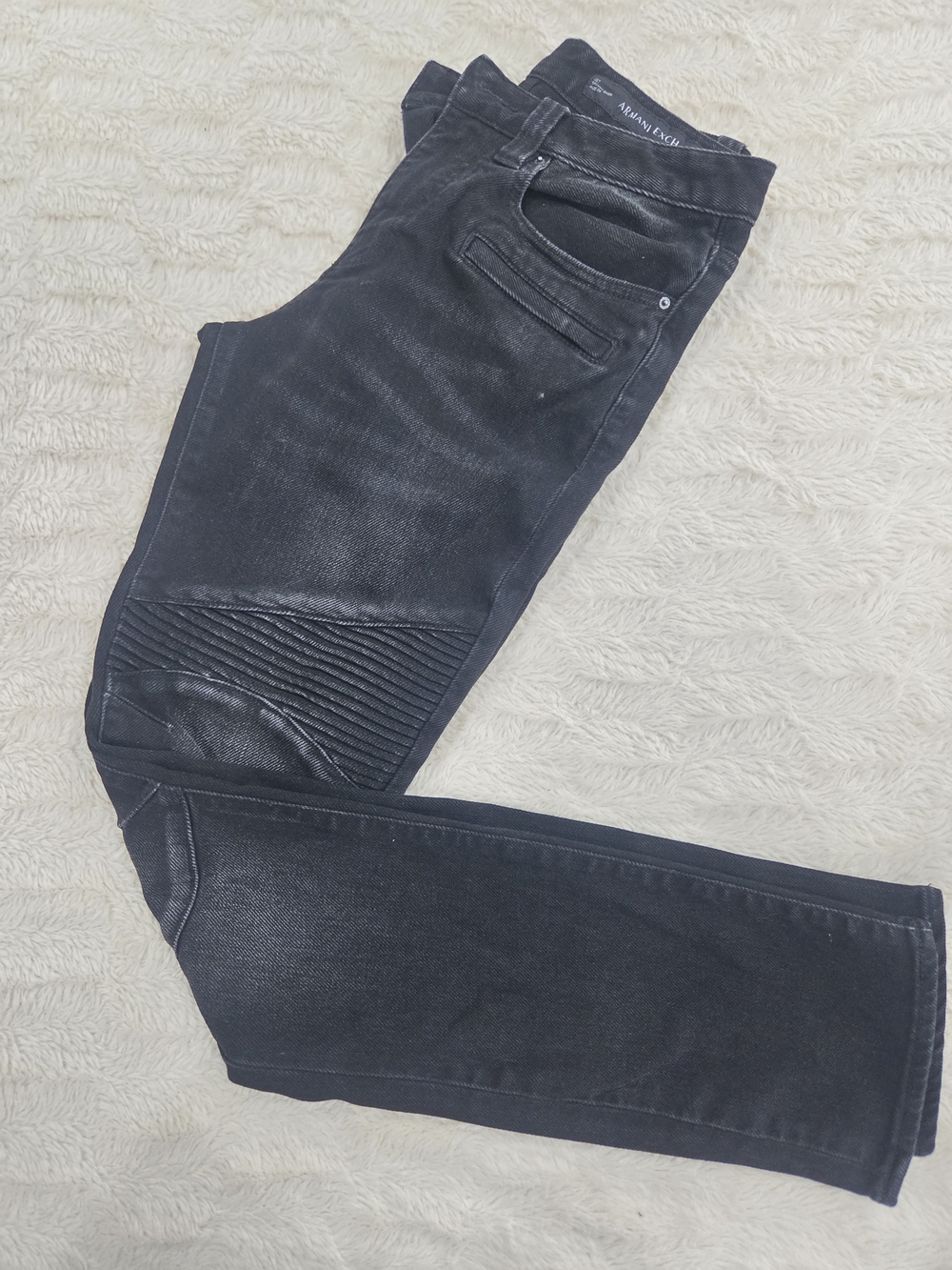 Armani Exchange Men's Black Slim Moto Jeans with Ribbed Knee Panels